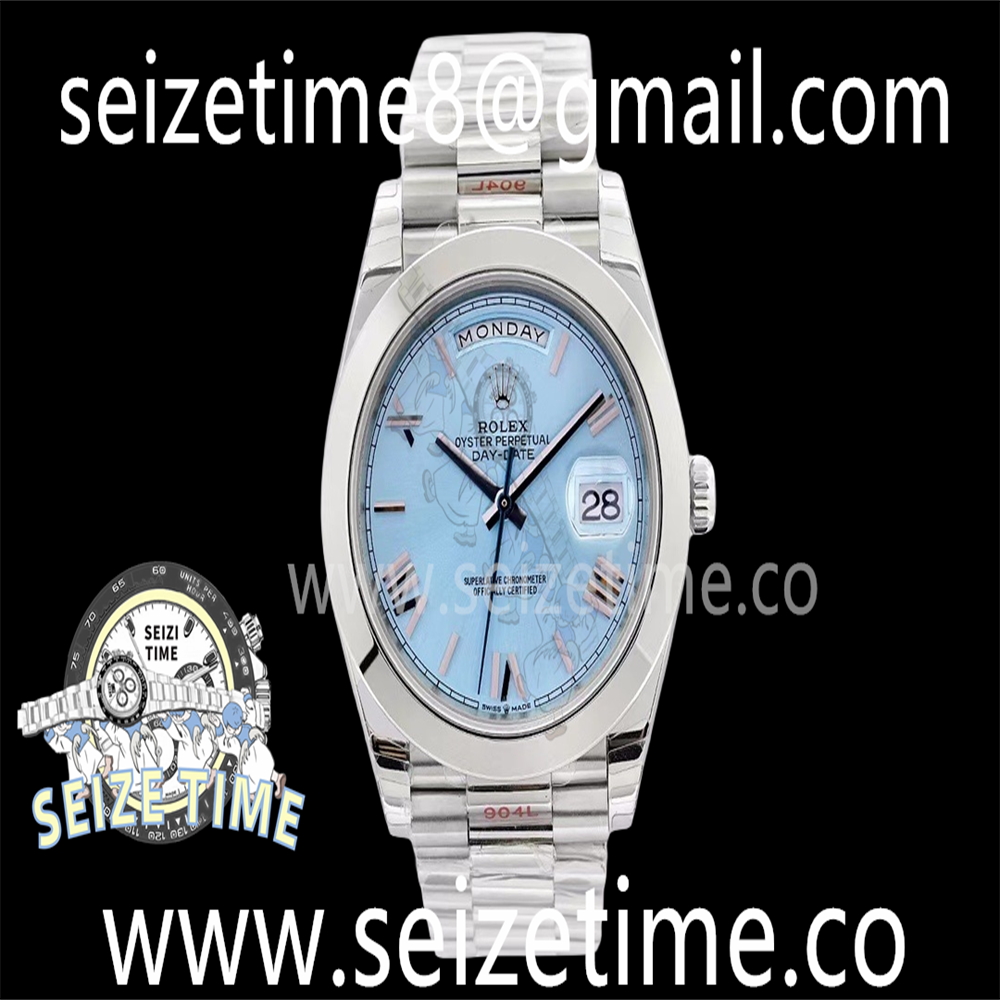Day Date 40 SS EWF 1:1 Best Edition Polished Bezel Ice Blue Roman Dial on SS Bracelet A3255