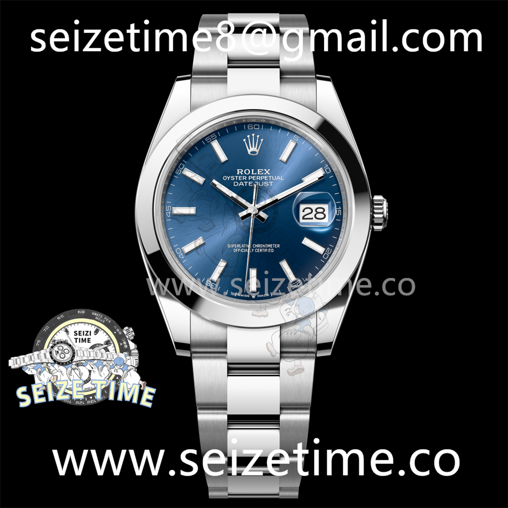 DateJust 41 SS Polished Bezel KING 1:1 Best Edition 904L Steel Blue Stick Dial on Oyster Bracelet VR3235