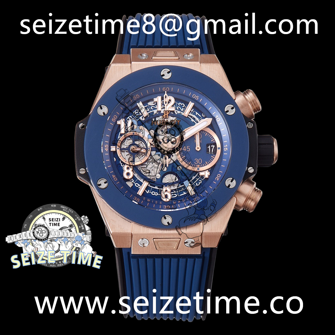 Big Bang Unico King Gold Blue Ceramic 44mm RG Blue Skeletonal Dial on Rubber Strap BBF A1280