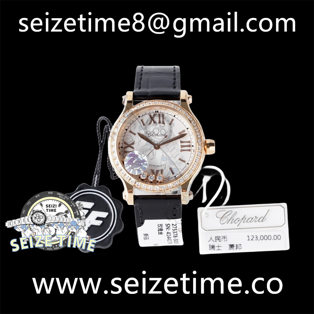 Happy Sport 33mm RG ZF 1:1 Best Edition Diamond Bezel White Textured Dial on Black Leather Strap MIYOTA 9015