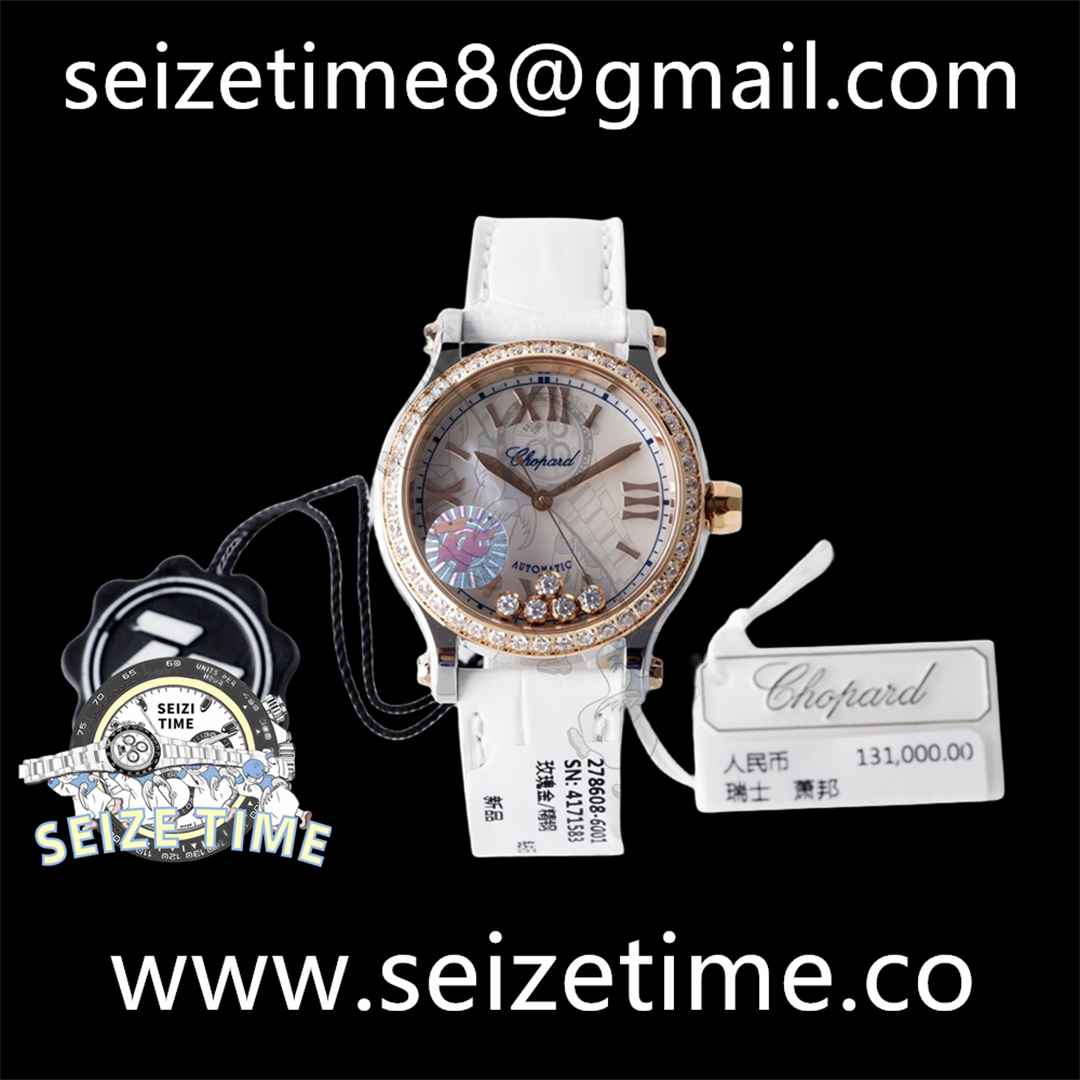 Happy Sport 33mm SS ZF 1:1 Best Edition Diamonds Bezel White MOP Dial RG Bezel on White Leather Strap MIYOTA 9015