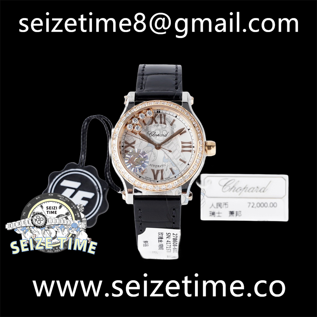 Happy Sport 33mm SS ZF 1:1 Best Edition Diamond Bezel White Textured Dial RG Bezel on Black Leather Strap MIYOTA 9015