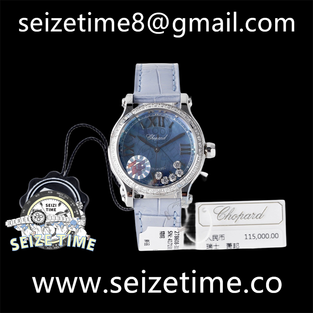Happy Sport 33mm SS ZF 1:1 Best Edition Diamonds Bezel Blue Dial on Blue Leather Strap MIYOTA 9015