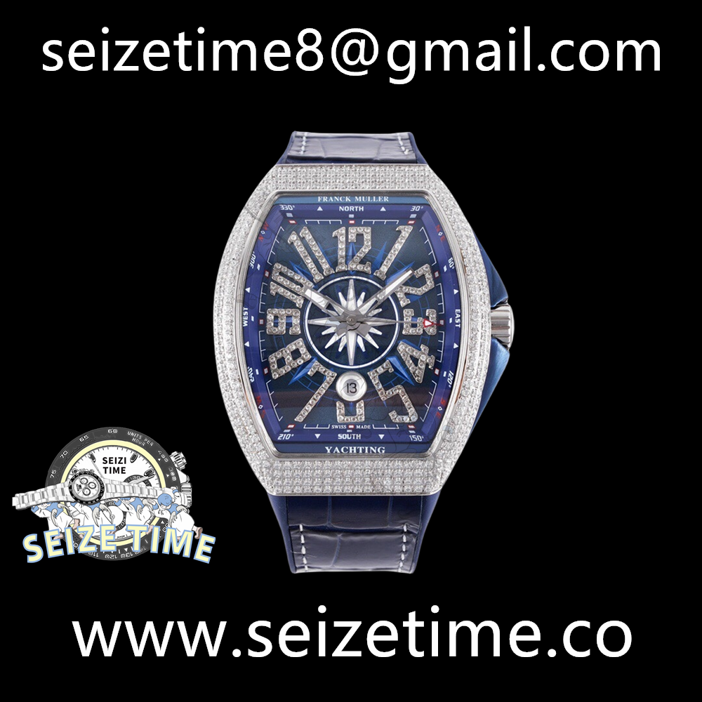 Vanguard V45 Yachting Full DIamonds SS ABF 1:1 Best Edition Blue Textured Dial on Blue Gummy Strap A2824
