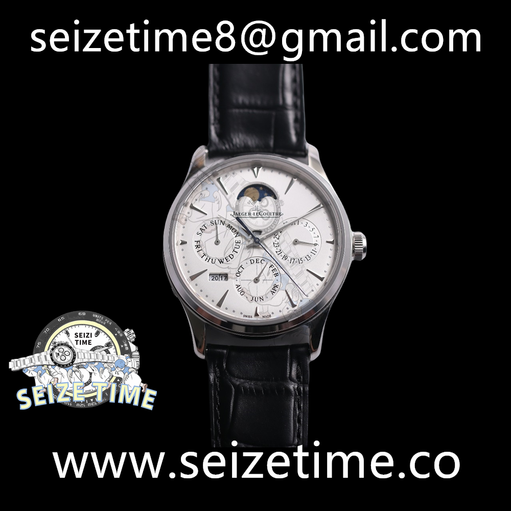 Master Ultra Thin Perpetual Calendar SS V9F 1:1 Best Edition White Dial on Black Leather Strap A868 V2