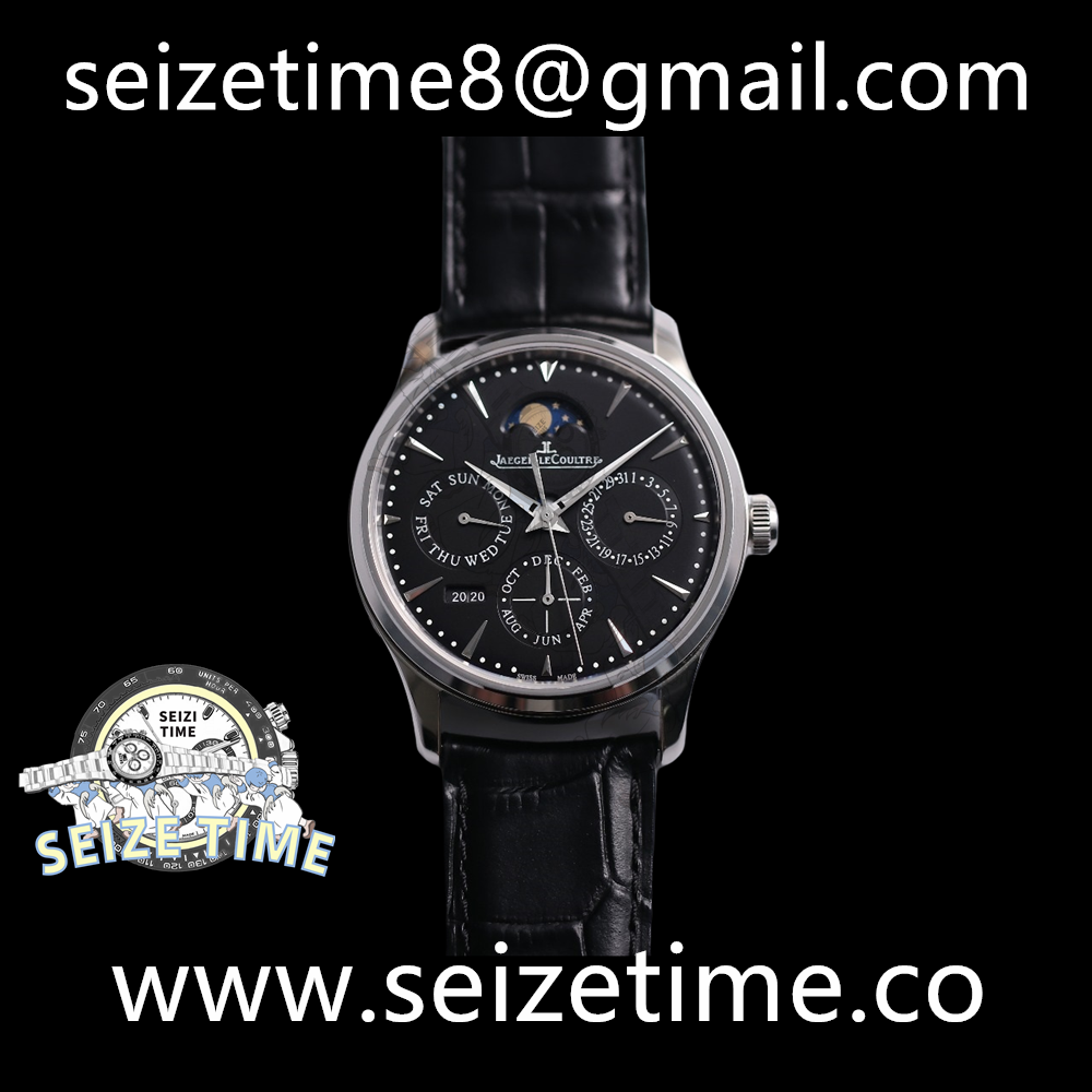 Master Ultra Thin Perpetual Calendar SS V9F 1:1 Best Edition Black Dial on Black Leather Strap A868 V2