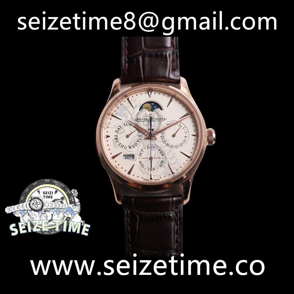 Master Ultra Thin Perpetual Calendar RG V9F 1:1 Best Edition Cream Dial on Brown Leather Strap A868 V2