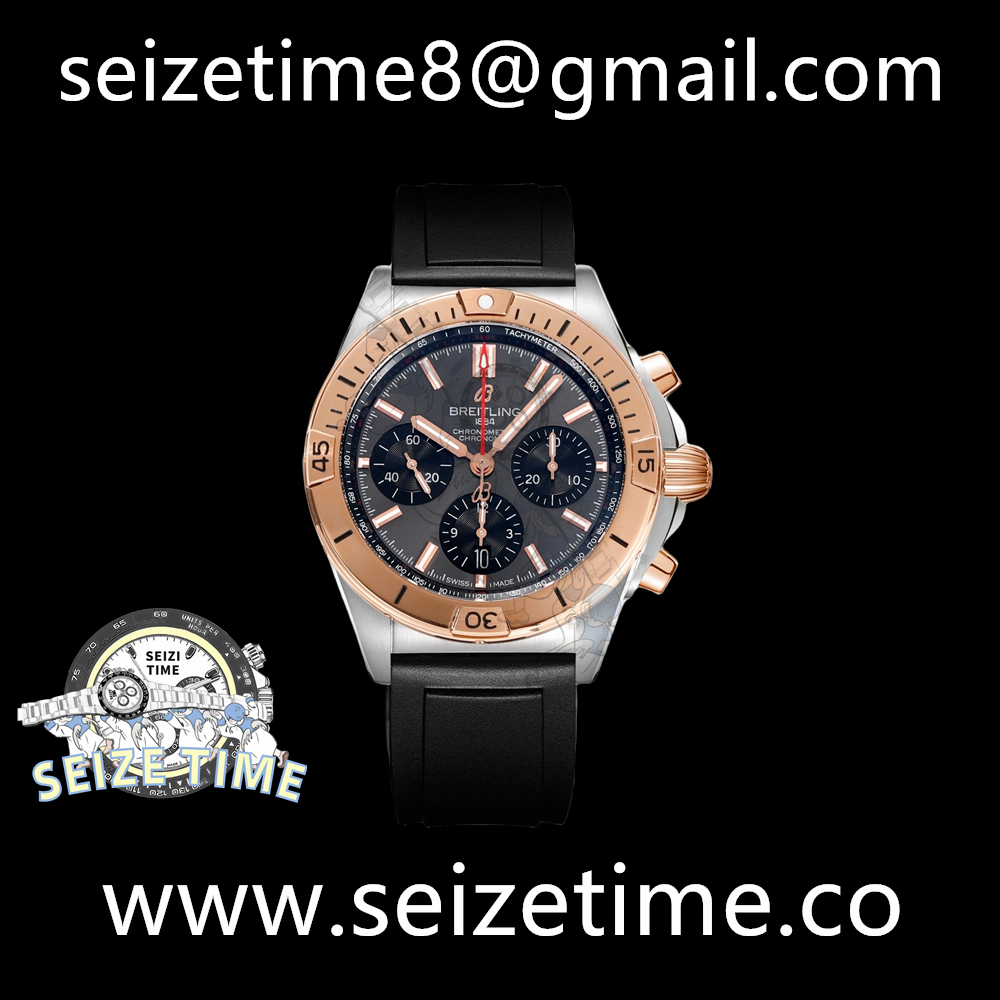 Chronomat B01 42mm SS/RG BLS 1:1 Best Edition Brown Dial on Black Rubber Strap A7750