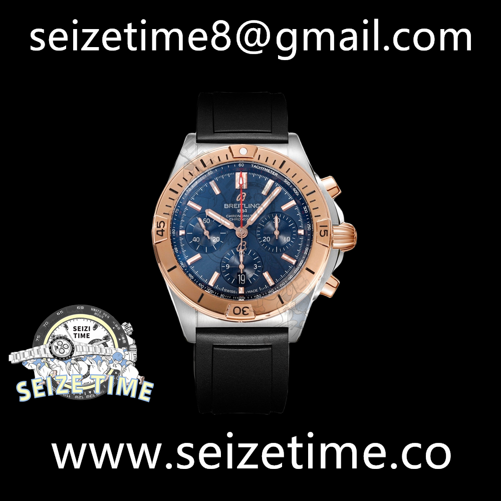 Chronomat B01 42mm SS/RG BLS 1:1 Best Edition Blue Dial on Black Rubber Strap A7750
