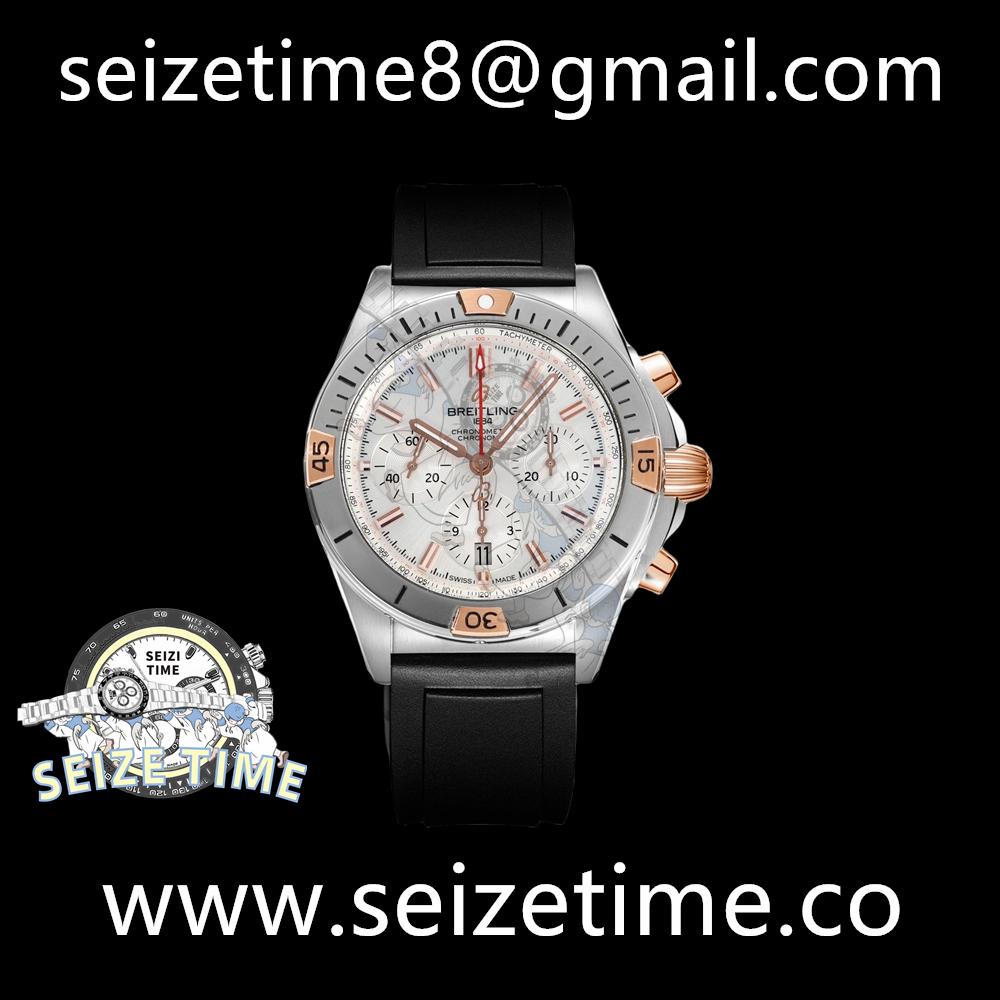 Chronomat B01 42mm SS/RG BLS 1:1 Best Edition Silver Dial on Black Rubber Strap A7750