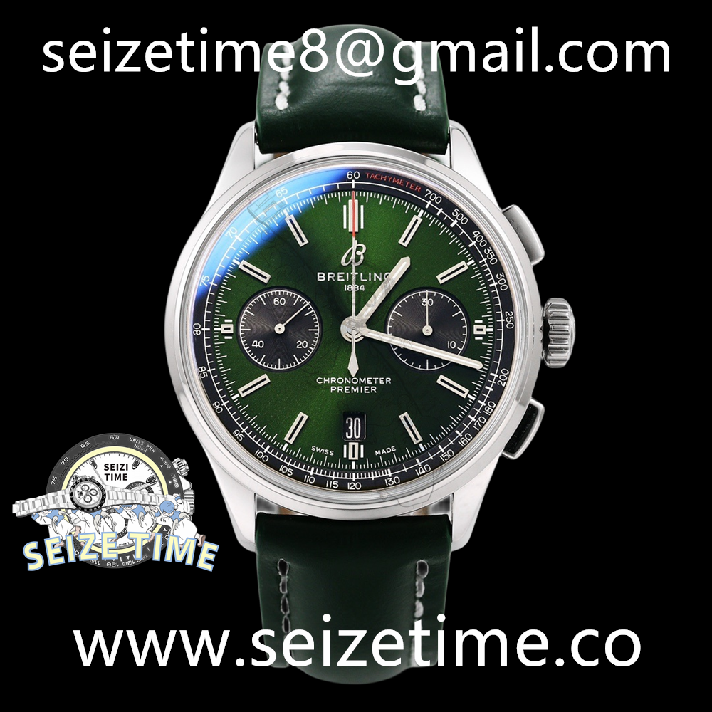 Premier B01 Chronograph 42 SS Green Dial on Leather Strap GF V2 Asia 7750
