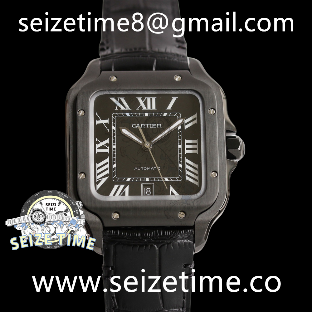 Santos De Cartier Large PVD/SS Black Dial on Leather Strap GF MY9015