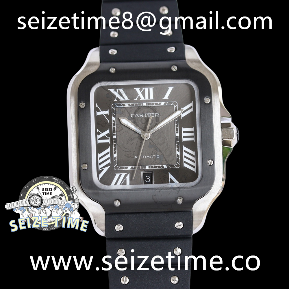 Santos De Cartier Large SS PVD Bezel Black Dial on Rubber Strap GF MY9015