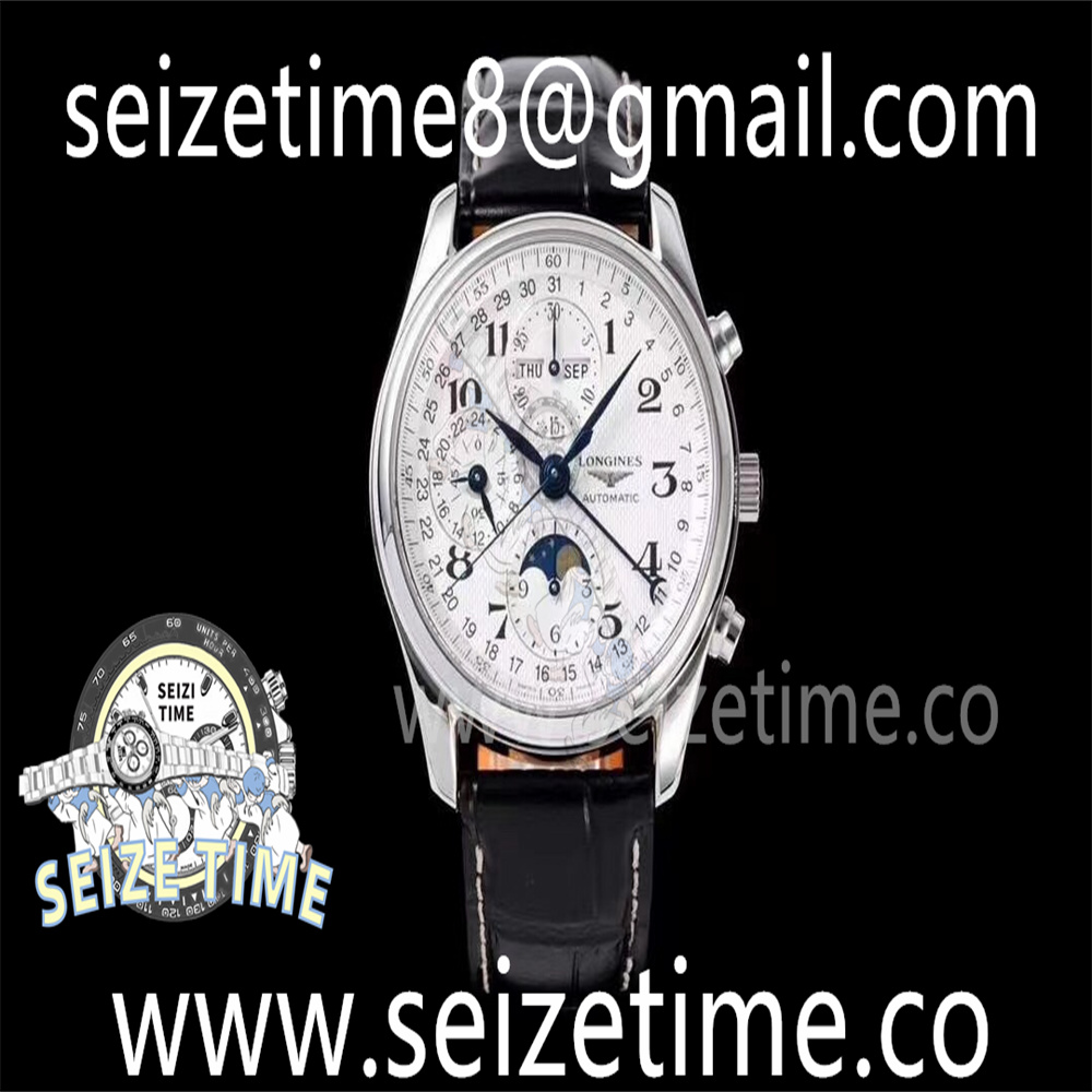 Master Moonphase Chronograph SS GSF 1:1 Best Edition White Dial on Black Leather Strap A7751