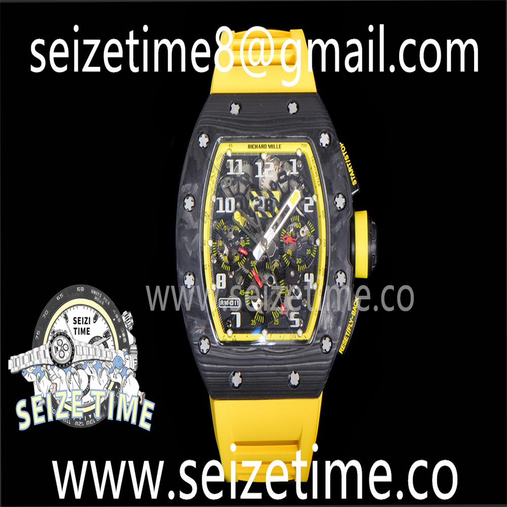 RM011 NTPT Carbon Chrono KVF 1:1 Best Edition Crystal Skeleton Dial Yellow Inner Bezel on Yellow Rubber Strap A7750