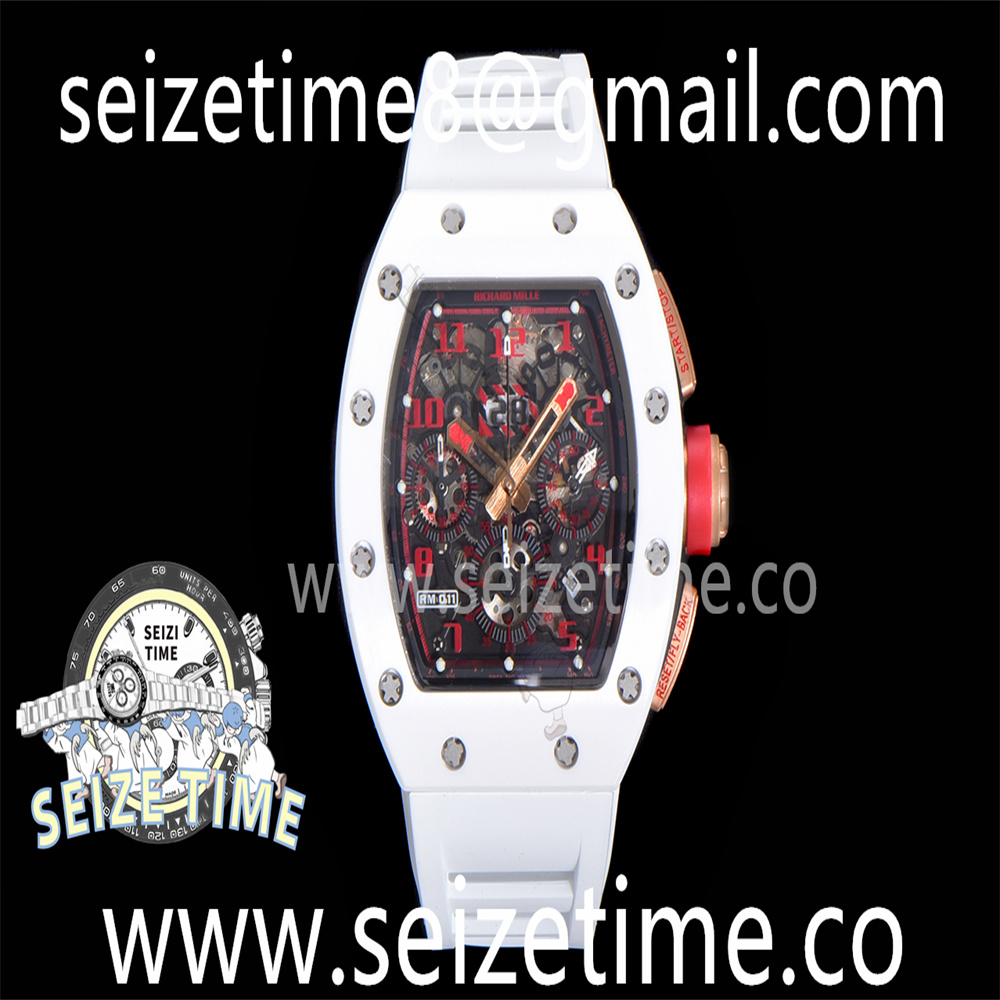 RM011 Real White Ceramic Chronograph KVF 1:1 Best Edition Crystal Skeleton Dial on White Rubber Strap A7750