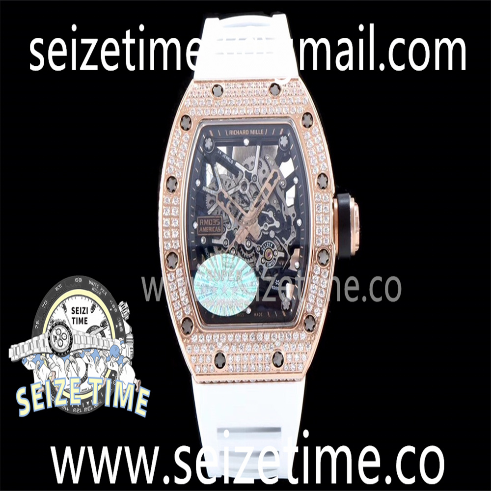 RM035 RG Diamonds Bezel KVF Best Edition Skeleton Dial on White Rubber Strap MIYOTA8215