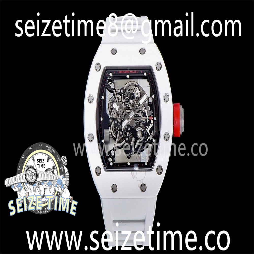 RM055 White Ceramic KVF Best Edition Skeleton Dial Black Case on White Rubber Strap MIYOTA8215 V3