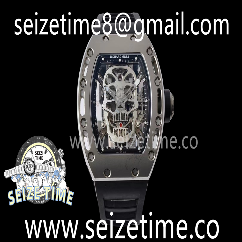 RM052 Titanium Real Tourbillon EURF Best Edition Skeleton Skull Dial on Black Rubber Strap
