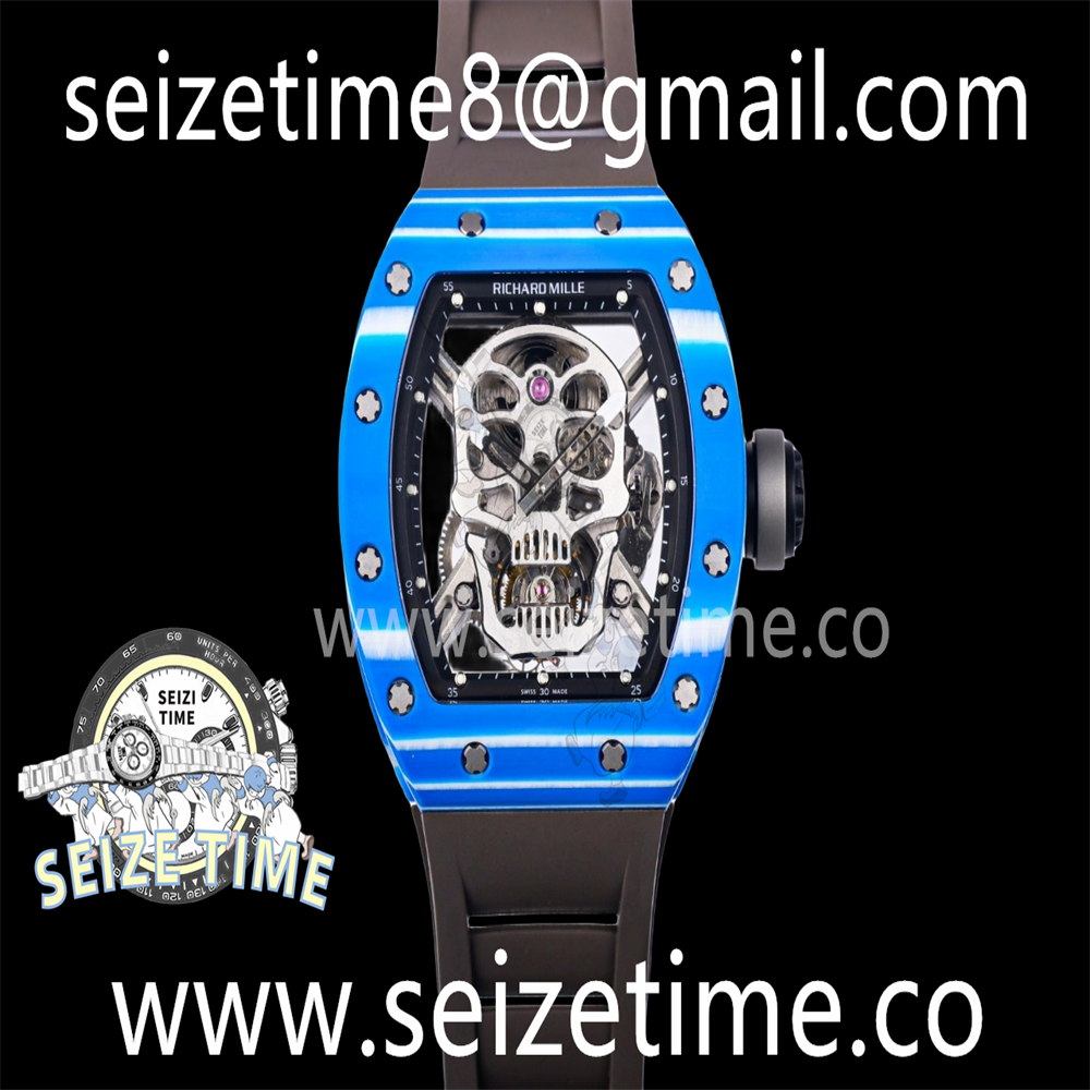 RM052 Skull Blue NTPT Real Tourbillon JBF 1:1 Best Edition Skull Dial on Gray Rubber Strap