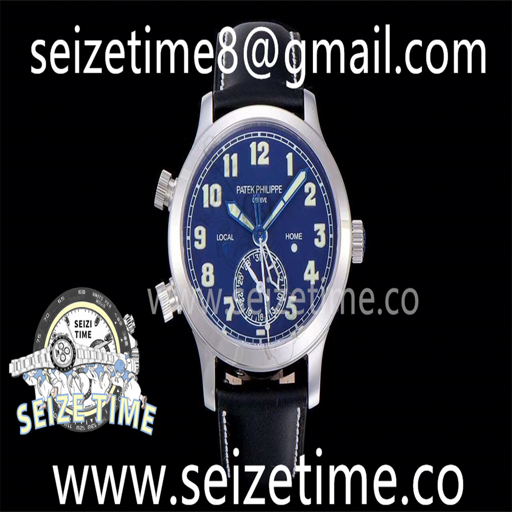 Calatrava Pilot Travel Time 5524 SS Black Dial on Leather Strap V2 GRF M9015