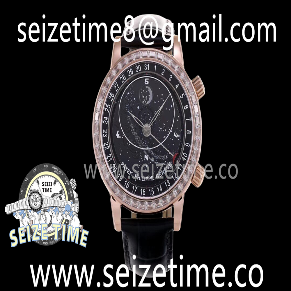 Grand Complications 6102R Moon RG TWF Black Dial Diamonds Beze on Black Leather Strap A240