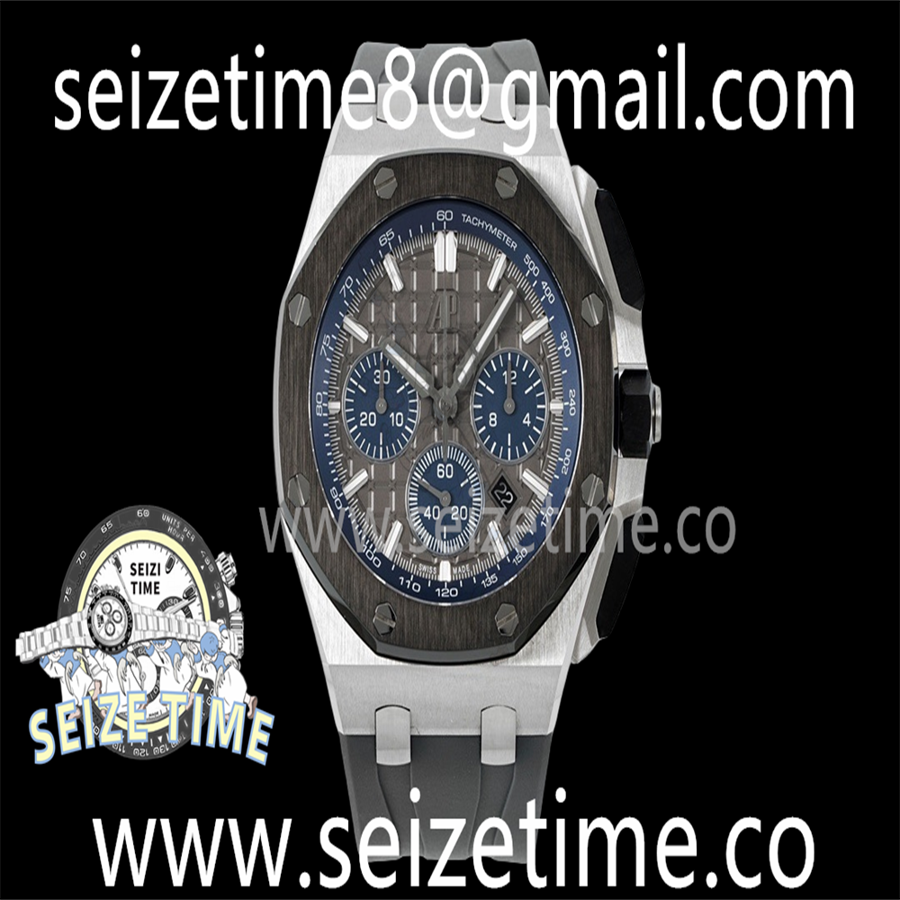 Royal Oak Offshore 44mm SS Black Ceramic Bezel APF 1:1 Best Edition Gray/Blue Dial on Gray Rubber Strap A4401