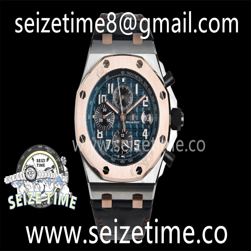 Royal Oak Offshore 42mm SS APF 1:1 Best Edition RG Bezel Blue Dial on Black Leather Strap A3126