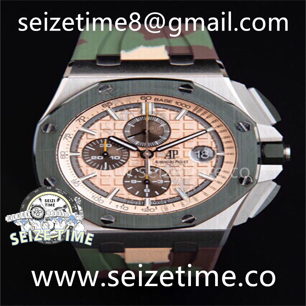 Royal Oak Offshore 44mm SS Green Ceramic Bezel APF 1:1 Best Edition Cream Dial on Camo Rubber Strap A3126