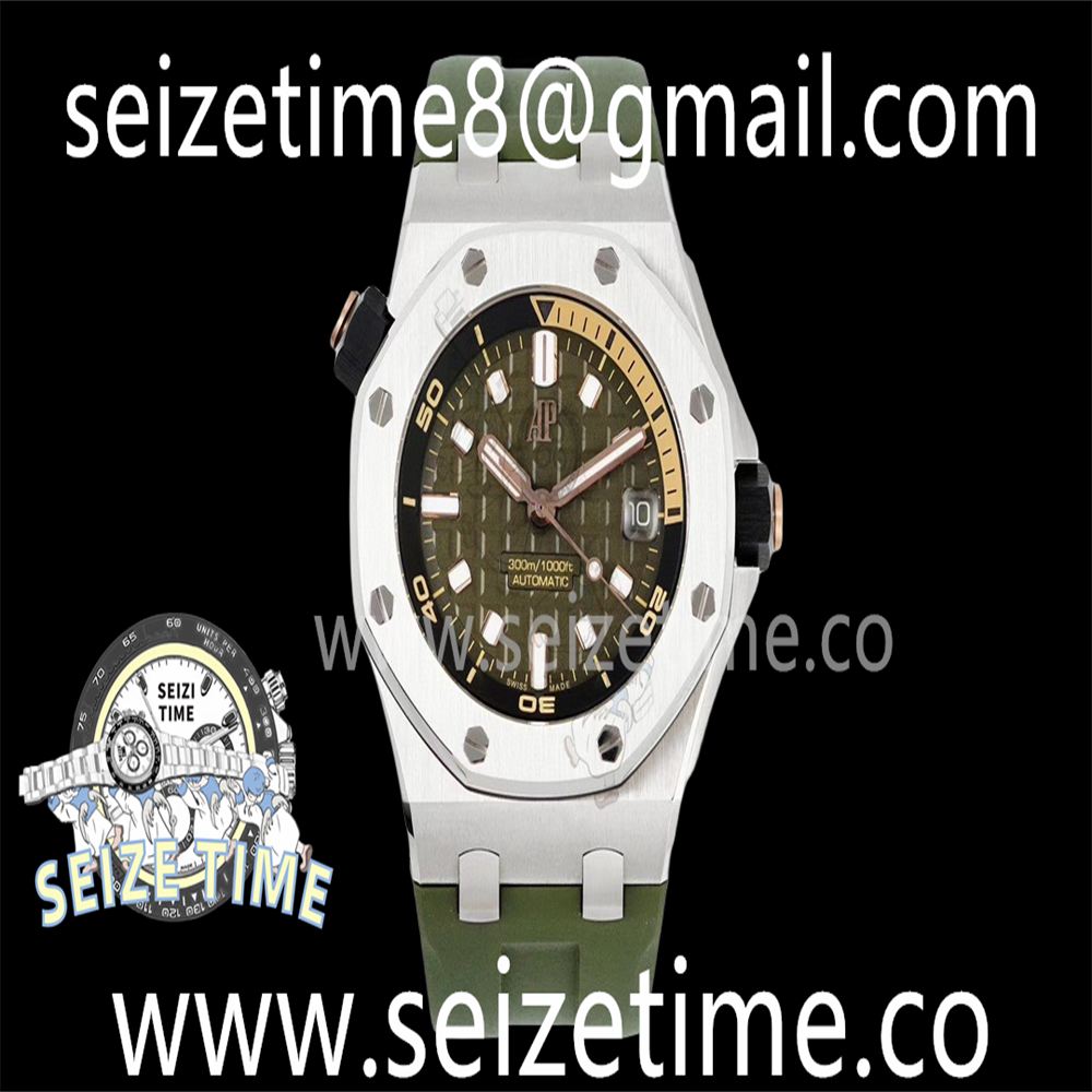 Royal Oak Offshore Diver 15720 Black Ceramic Bezel SS APF 1:1 Best Edition Green Dial on Green Rubber Strap A4308