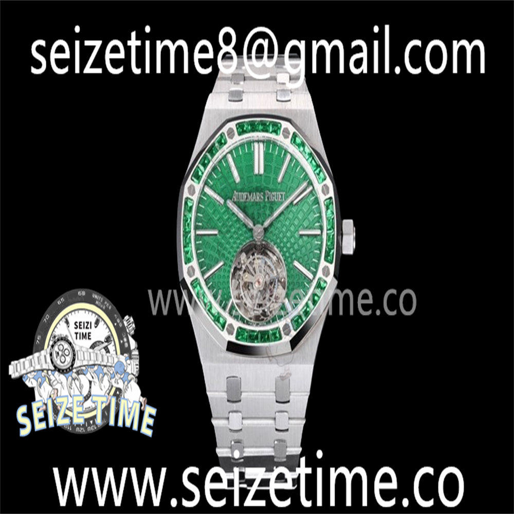 Royal Oak 41MM 26530 SS Tourbillon R8F 1:1 Best Edition Green Sunburst Tapisserie Dial Diamonds Bezel on SS Bracelet A2950 V2