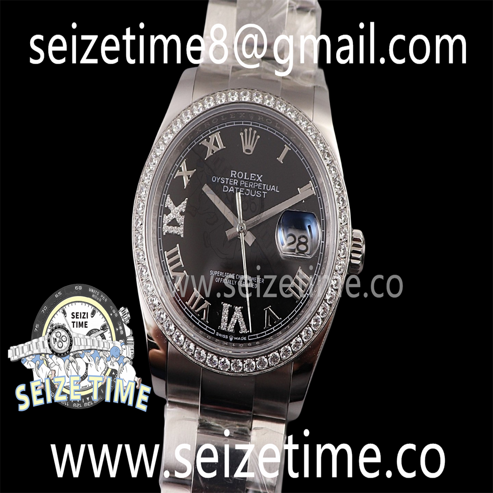 Datejust 36 SS EWF 1:1 Best Edition Diamond Bezel Black Dial Diamonds 6/9 Markers on SS Oyster Bracelet A3235