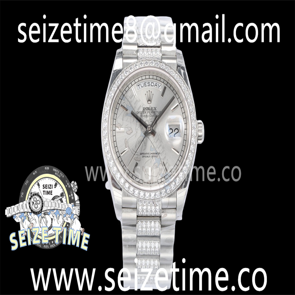 Day-Date 36mm 128349 SS EWF Best Edition Diamond Bezel Silver Dial on SS Diamond President Bracelet A3255