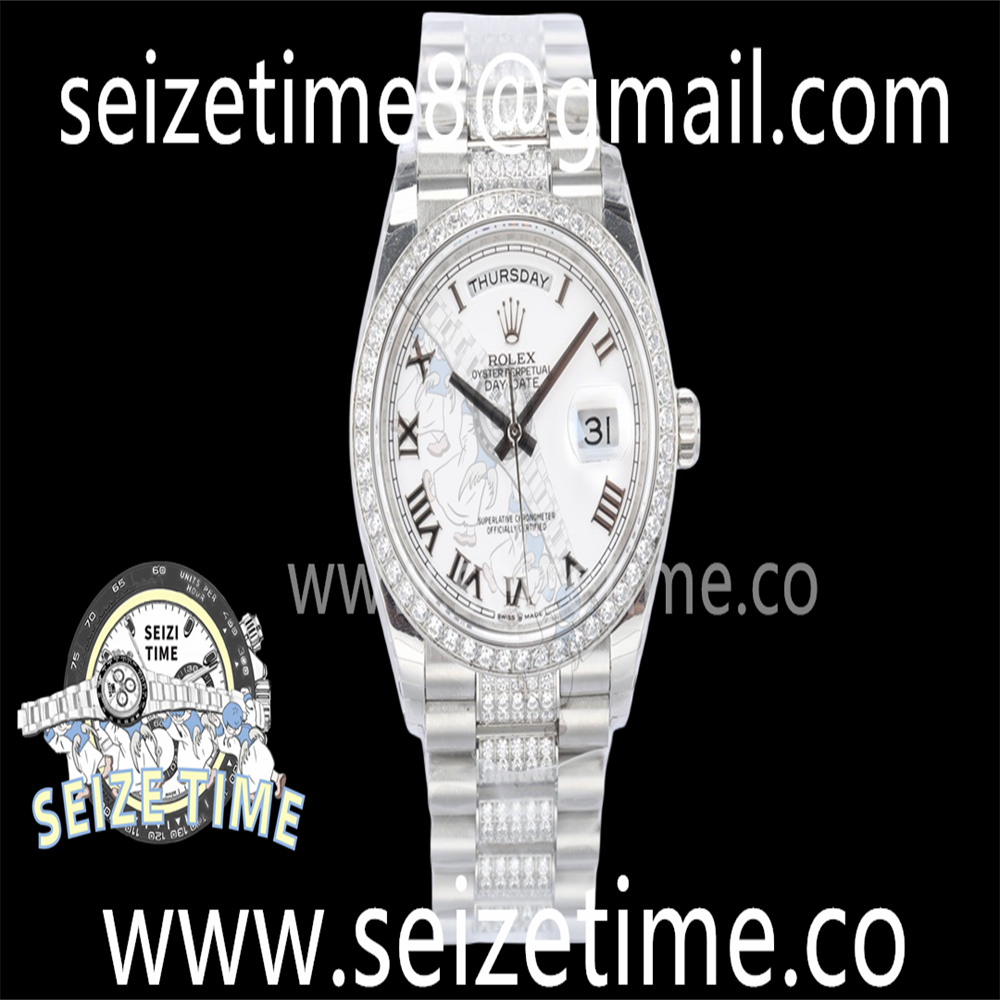 Day-Date 36mm 128349 SS EWF Best Edition Diamond Bezel White Dial on SS Diamond President Bracelet A3255