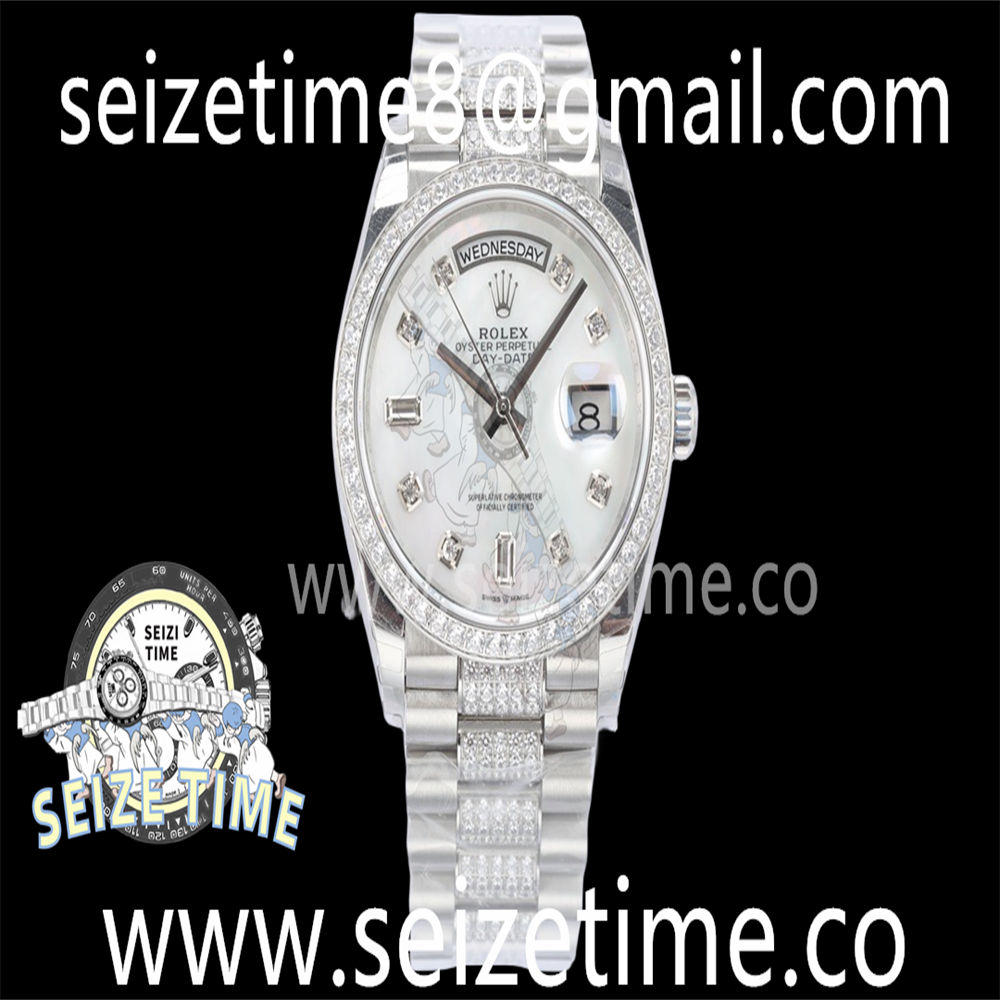 Day-Date 36mm 128349 SS EWF Best Edition Diamond Bezel MOP White Dial on SS Diamond President Bracelet A3255