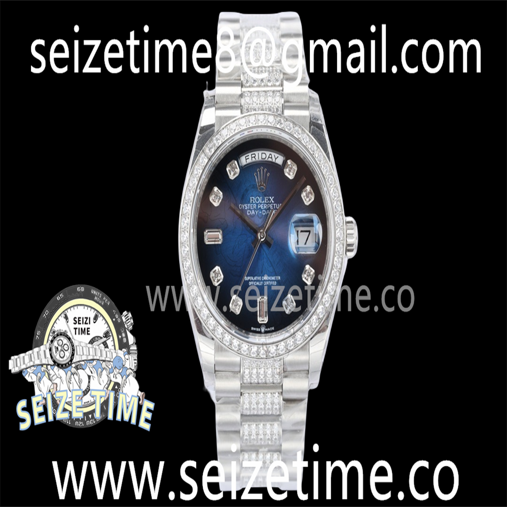 Day-Date 36mm 128349 SS EWF Best Edition Diamond Bezel Blue Dial on SS Diamond President Bracelet A3255