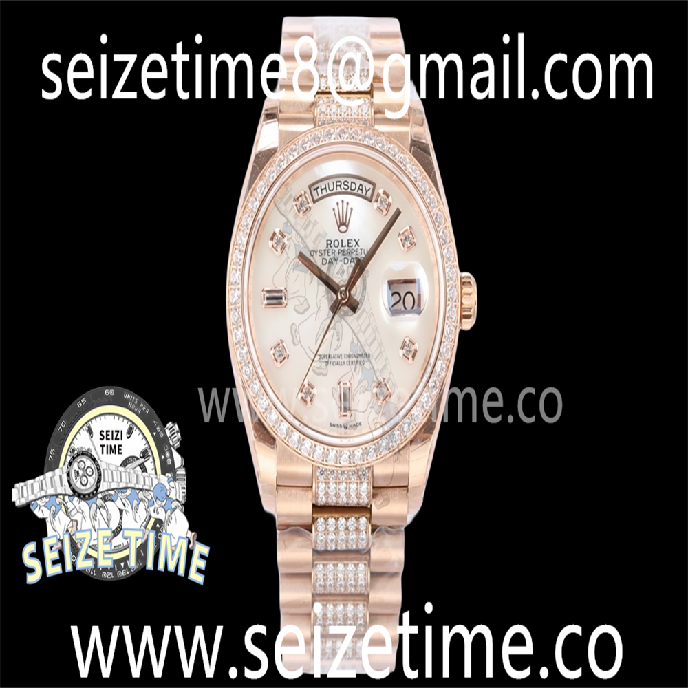 Day-Date 36mm 128345 RG EWF Best Edition Diamond Bezel White MOP Dial on RG Diamond President Bracelet A3255