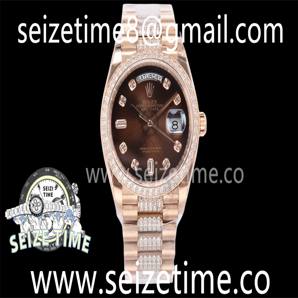 Day-Date 36mm 128345 RG EWF Best Edition Diamond Bezel Brown Dial on RG Diamond President Bracelet A3255