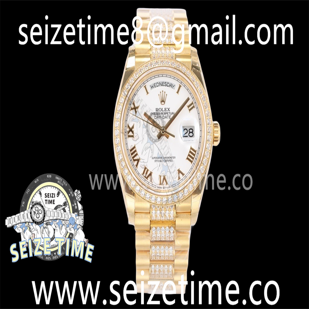 Day-Date 36mm 128348 YG EWF Best Edition Diamond Bezel Porcelain White Dial on YG Diamond President Bracelet A3255
