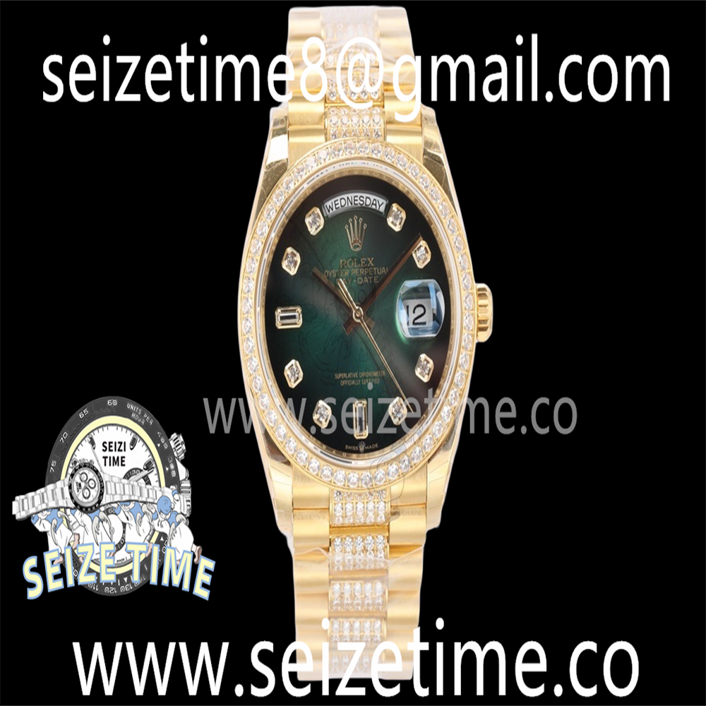 Day-Date 36mm 128348 YG EWF Best Edition Diamond Bezel Green Dial on YG Diamond President Bracelet A3255