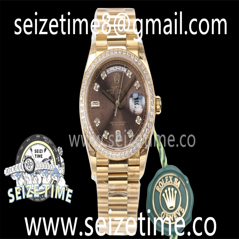 Day-Date 36 YG 128238 EWF Best Edition Diamond Bezel Brown Dial Crystal Markers on President Bracelet A3255