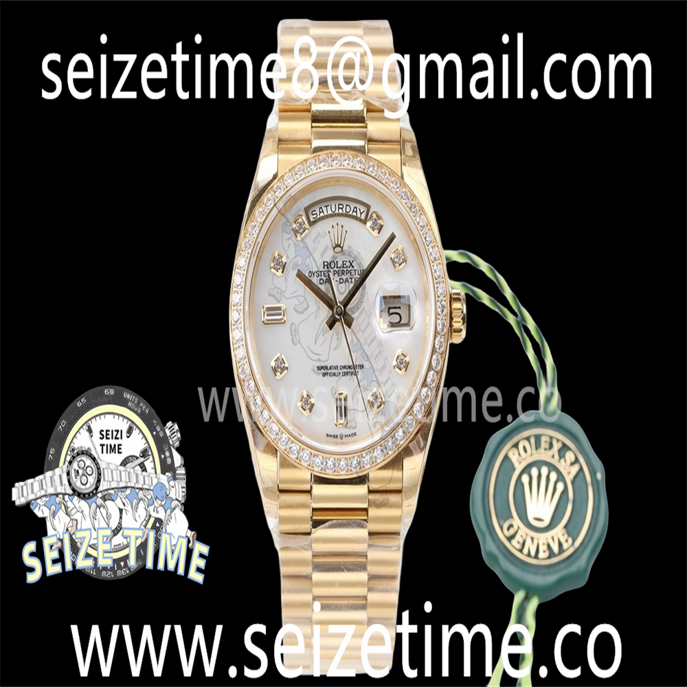 Day-Date 36 YG 128238 EWF Best Edition Diamond Bezel MOP White Dial Crystal Markers on President Bracelet A3255