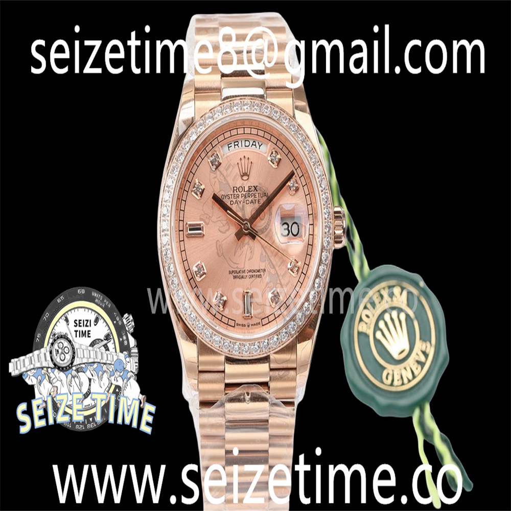 Day-Date 36 RG 128235 EWF Best Edition Diamond Bezel RG Dial Crystal Markers on President Bracelet A3255