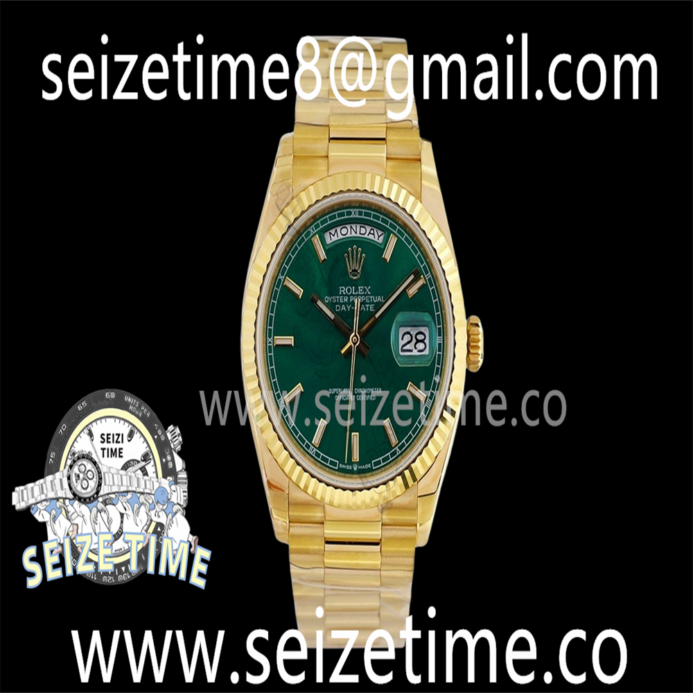 Day-Date 36 YG 128238 EWF Best Edition Green Dial Stick Markers on President Bracelet A3255