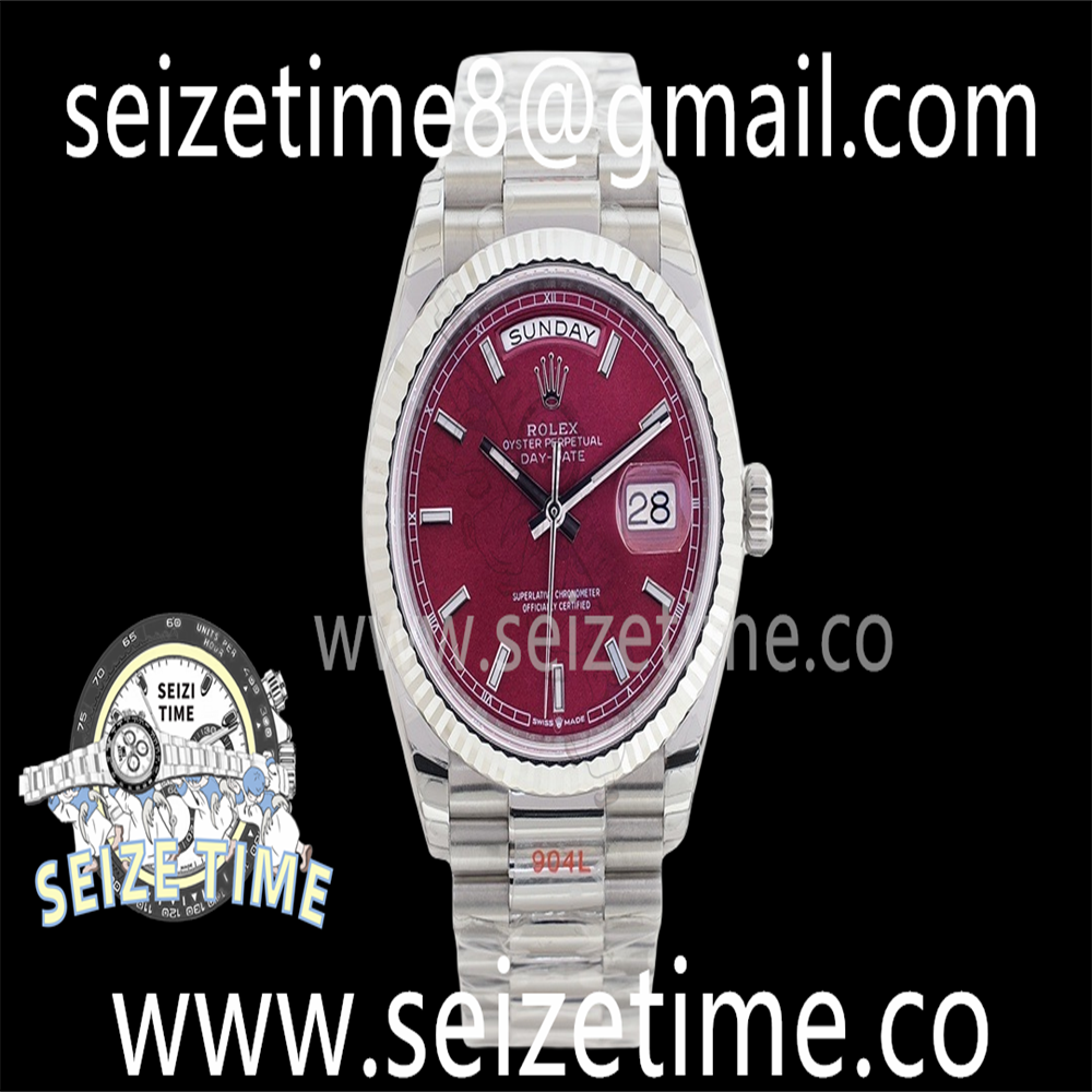 Day-Date 36 SS 128239 EWF Best Edition Red Dial Lume Markers on President Bracelet A3255