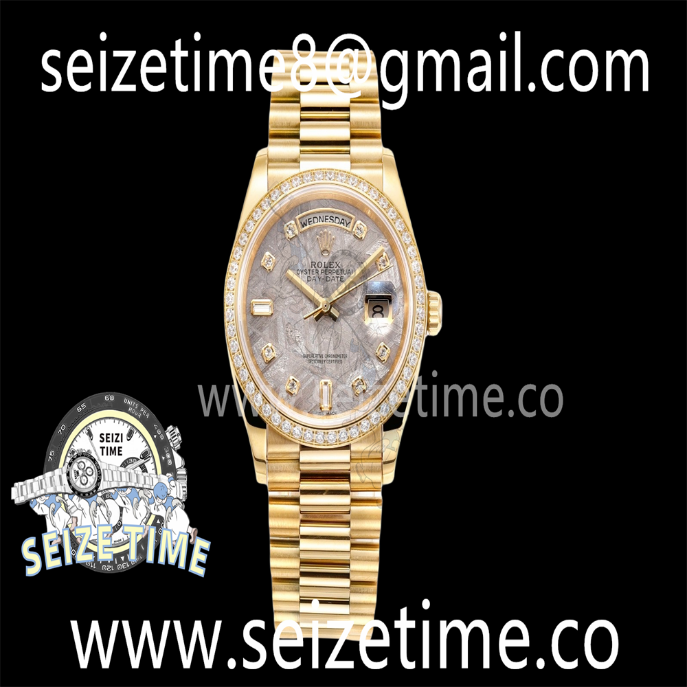Day-Date 36mm 904L YG RAF 1:1 Best Edition Diam Bezel Meteorite Dial on YG President Bracelet A2836