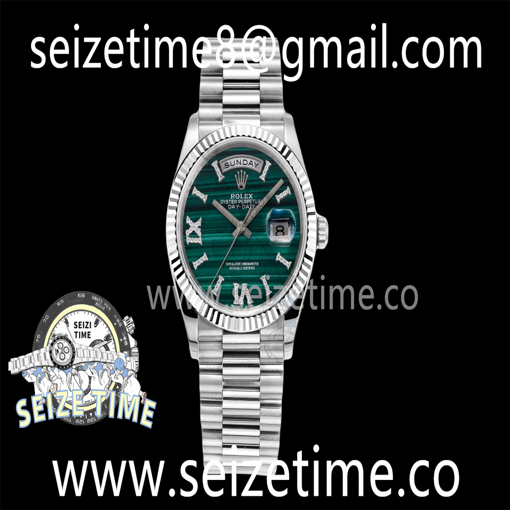 Day-Date 36mm 904L SS RAF 1:1 Best Edition Fluted Bezel Malachite Green Dial on SS President Bracelet A2836