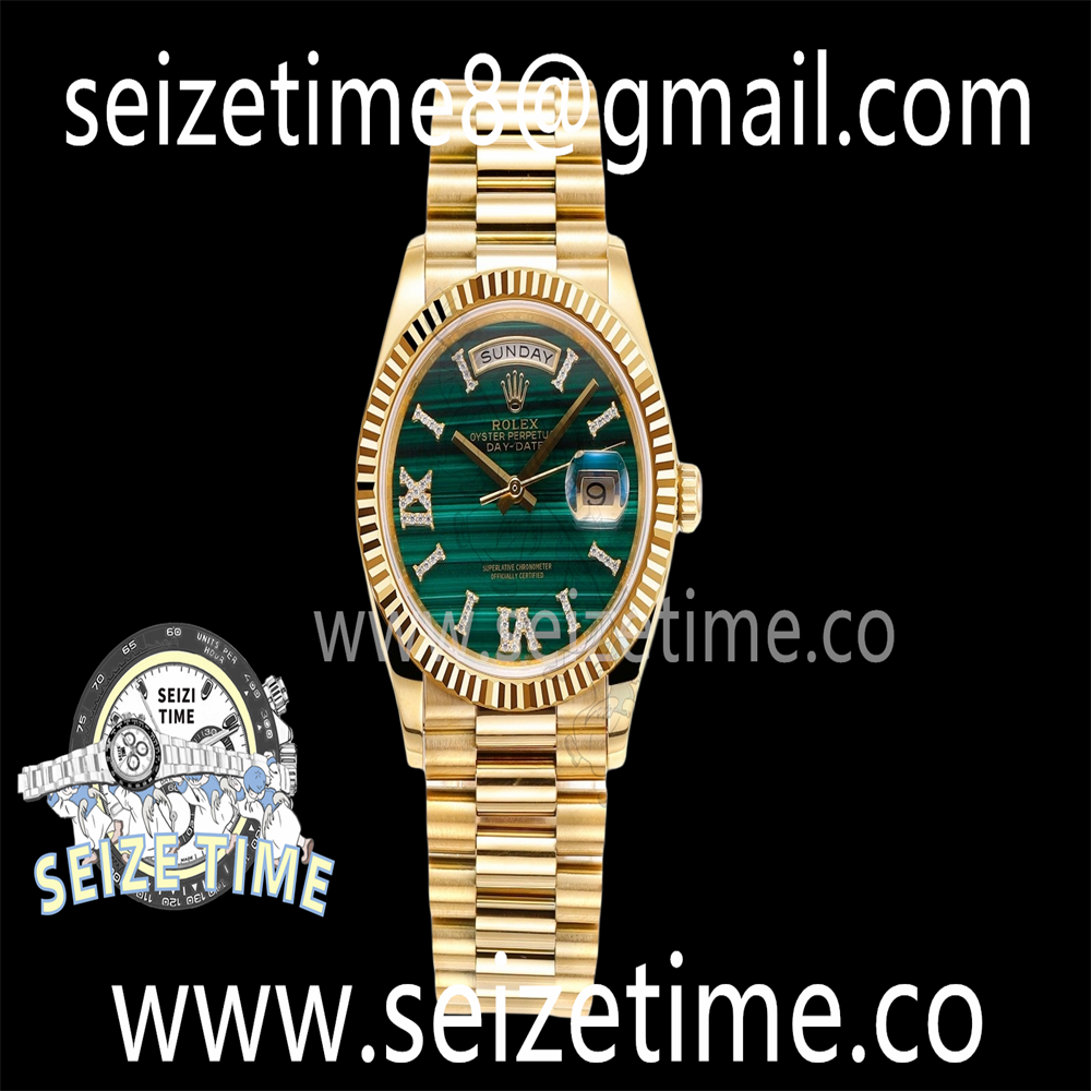 Day-Date 36mm 904L YG RAF 1:1 Best Edition Fluted Bezel Malachite Green Dial on YG President Bracelet A2836
