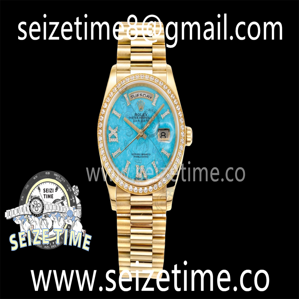 Day-Date 36mm 904L YG RAF 1:1 Best Edition Diam Bezel Turquoise Dial on YG President Bracelet RAF A2836