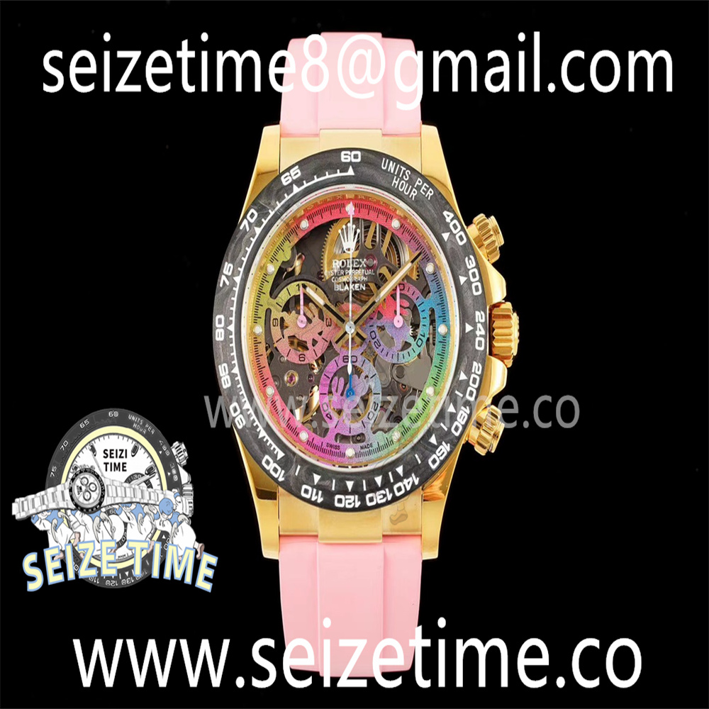 Blaken Daytona RG Carbon Bezel GETF Best Edition Skeleton Rainbow Dial on Pink Rubber Strap SA4130